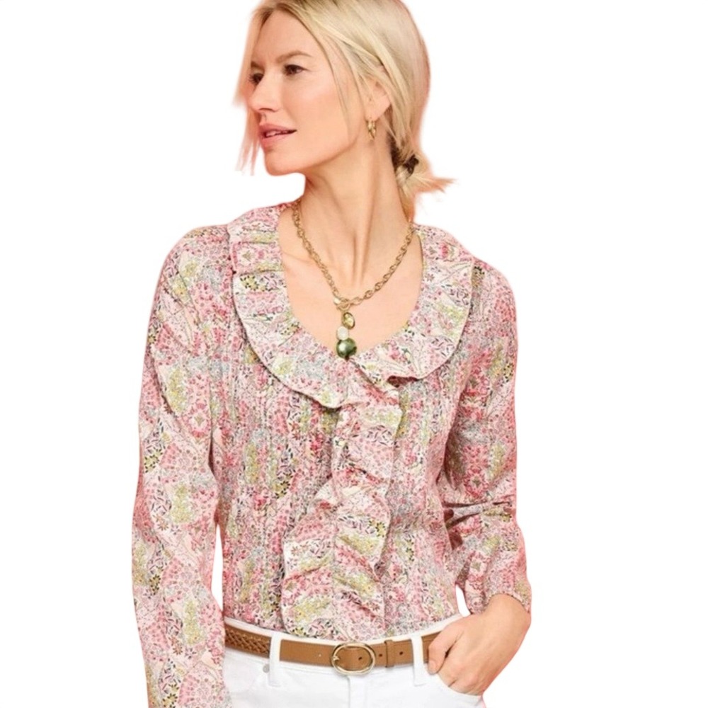 Talbots Pintuck Ruffle Top‎ Branching Floral Print Sz L Feminine Cottagcore Chic